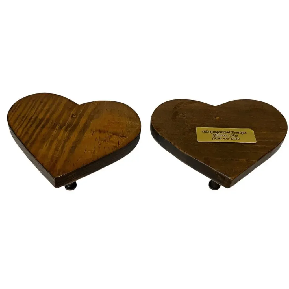 Pair Of 80s Oak Wooden Cut out HEARTS Shaped Coat Hook Peg Country Farmhouse